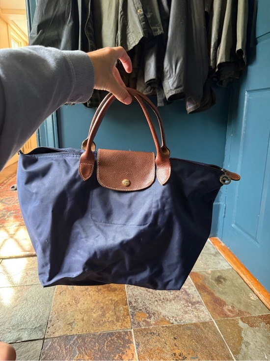 Longchamp Handbags - Longchamp Navy and Brown Leather Top-Handle Tote